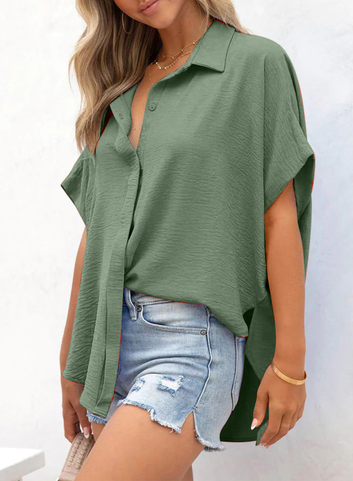 Women's Casual Short Sleeve Slit Hem Button Shirt - Image 14