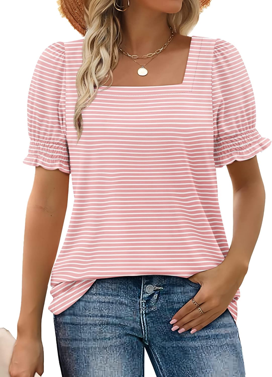 Women's Square Neck Smocked Sleeve Casual Tops - Image 15