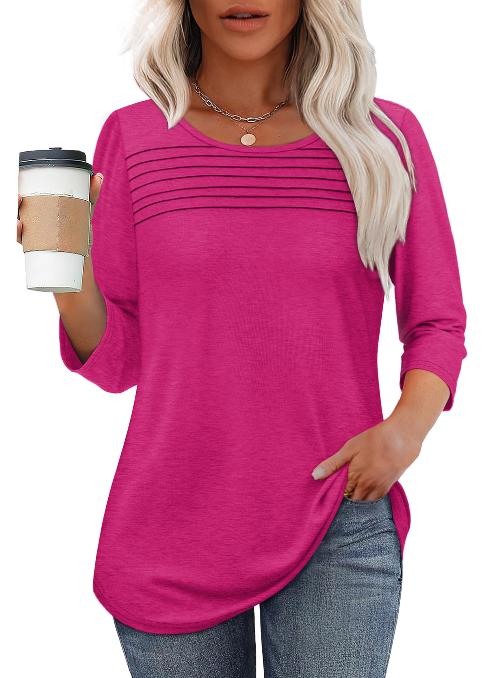 Women's 3/4 Length Sleeve Top Pleated Front T-Shirt - Image 5
