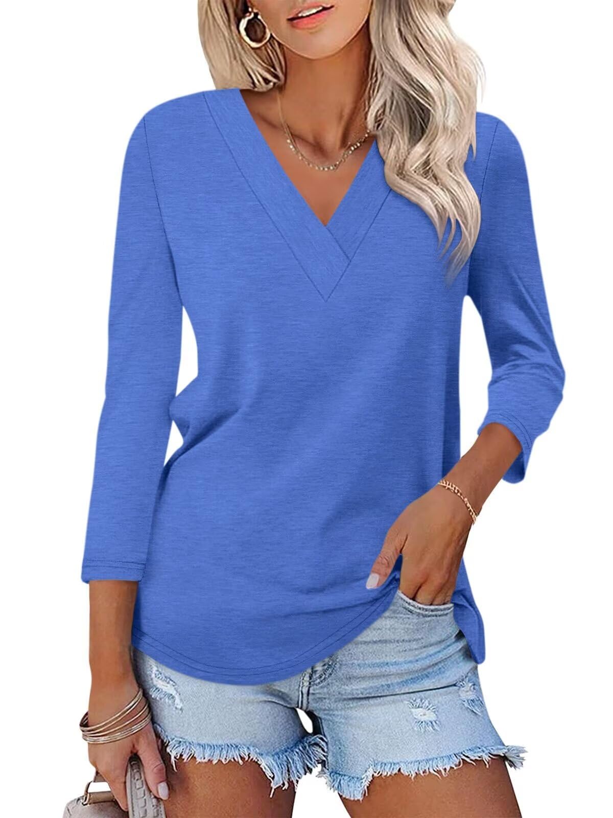 Women's 3/4 Length Sleeves V Neck Basic Tops - Image 5