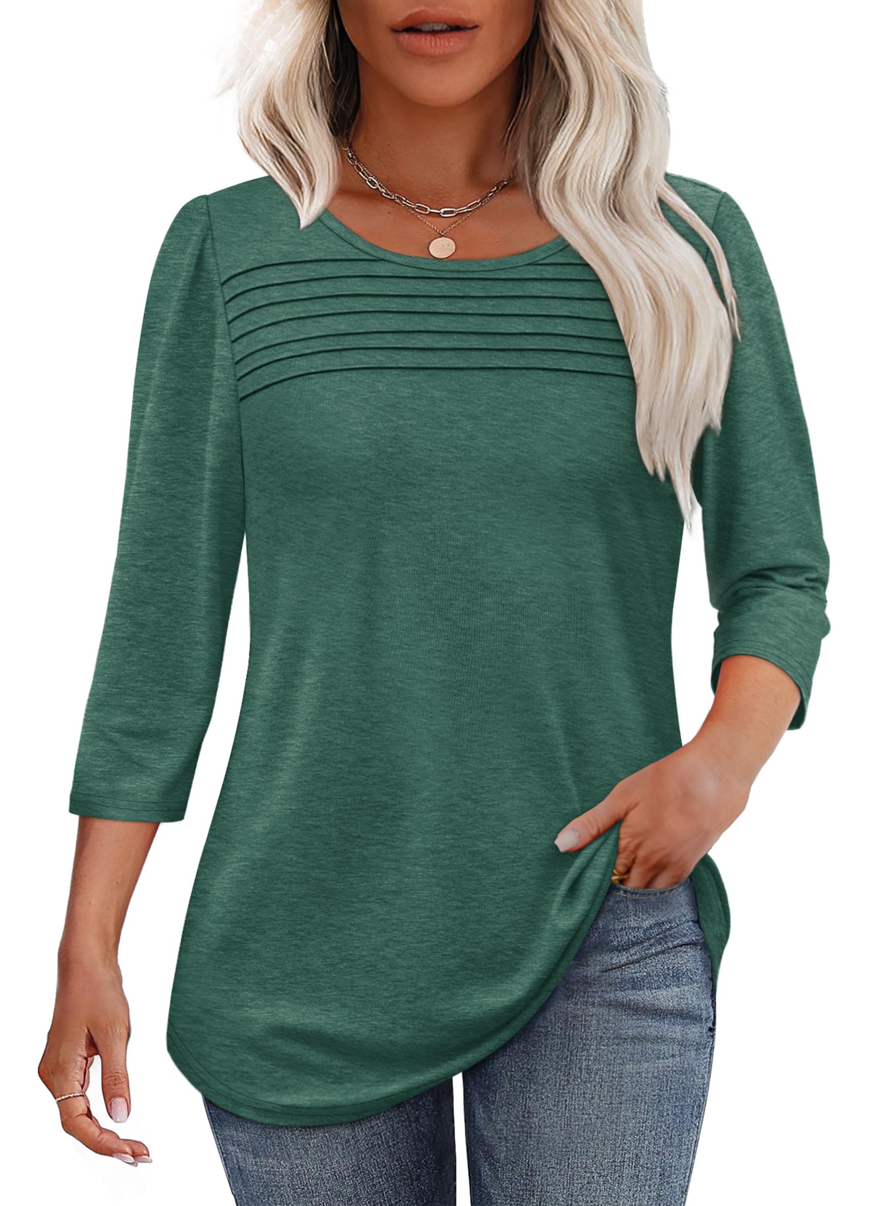 Women's 3/4 Length Sleeve Top Pleated Front T-Shirt - Image 7