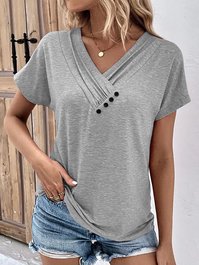 Button Detail V Neck Tee - Image 6