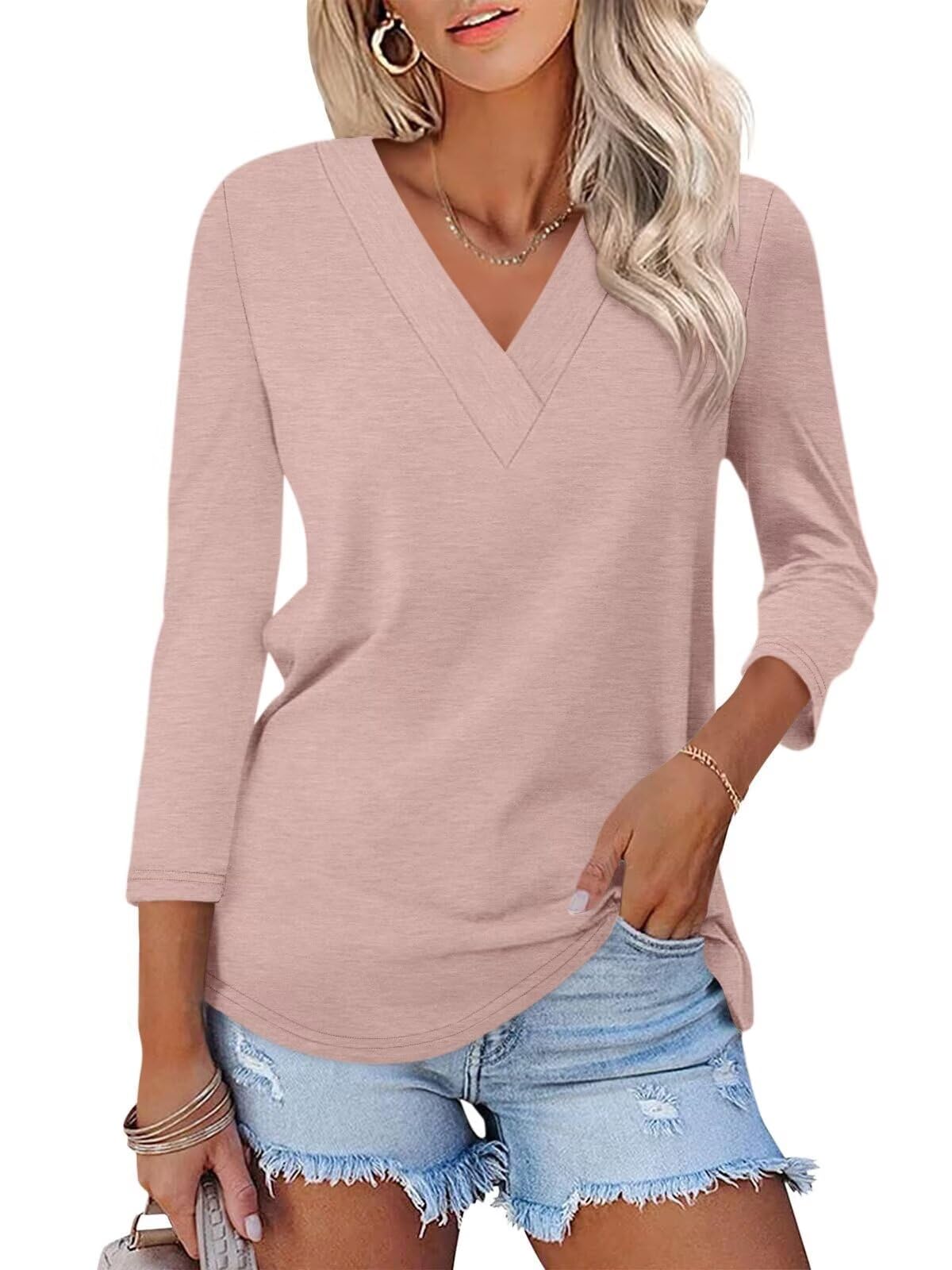 Women's 3/4 Length Sleeves V Neck Basic Tops - Image 10