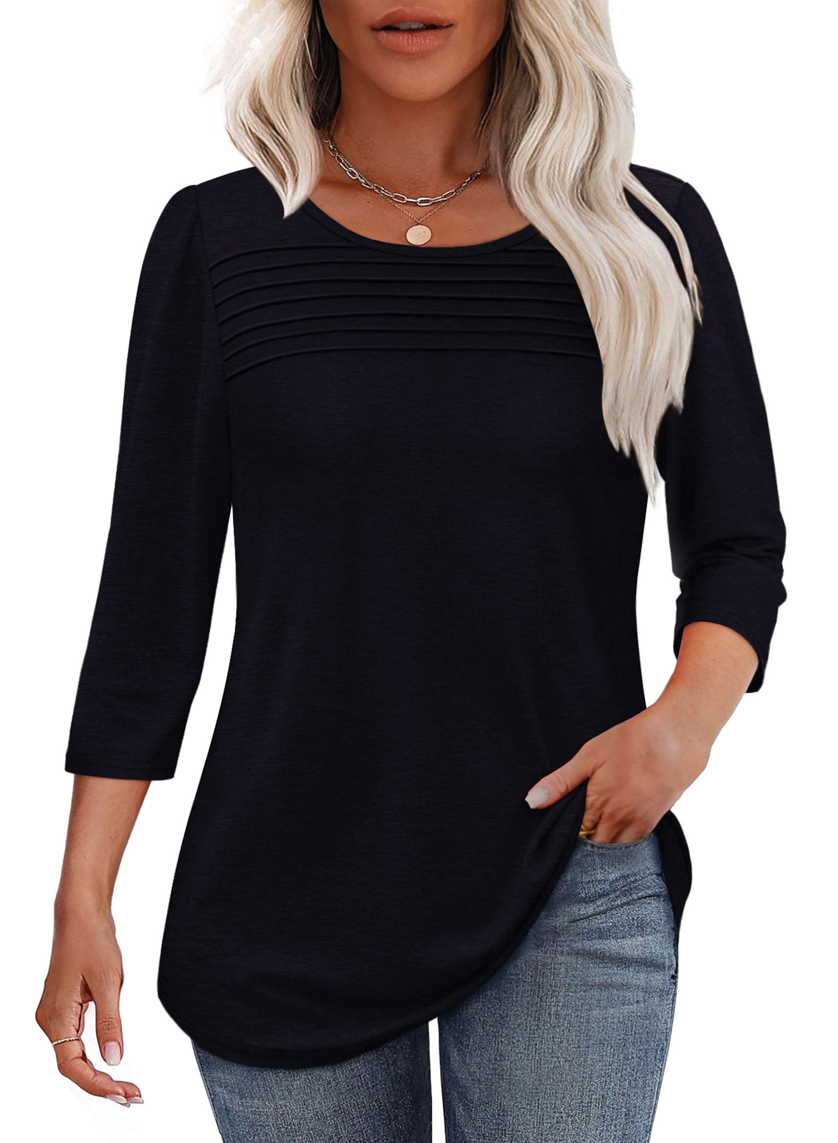 Women's 3/4 Length Sleeve Top Pleated Front T-Shirt - Image 18