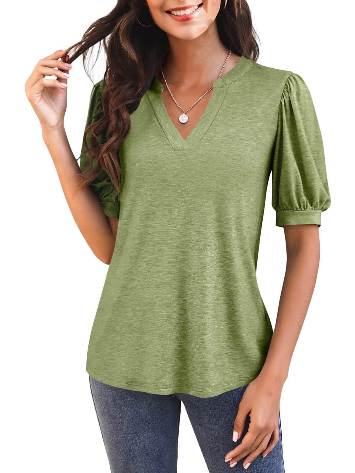 Women's V Neck Puff Sleeve Basic T-shirt - Image 5