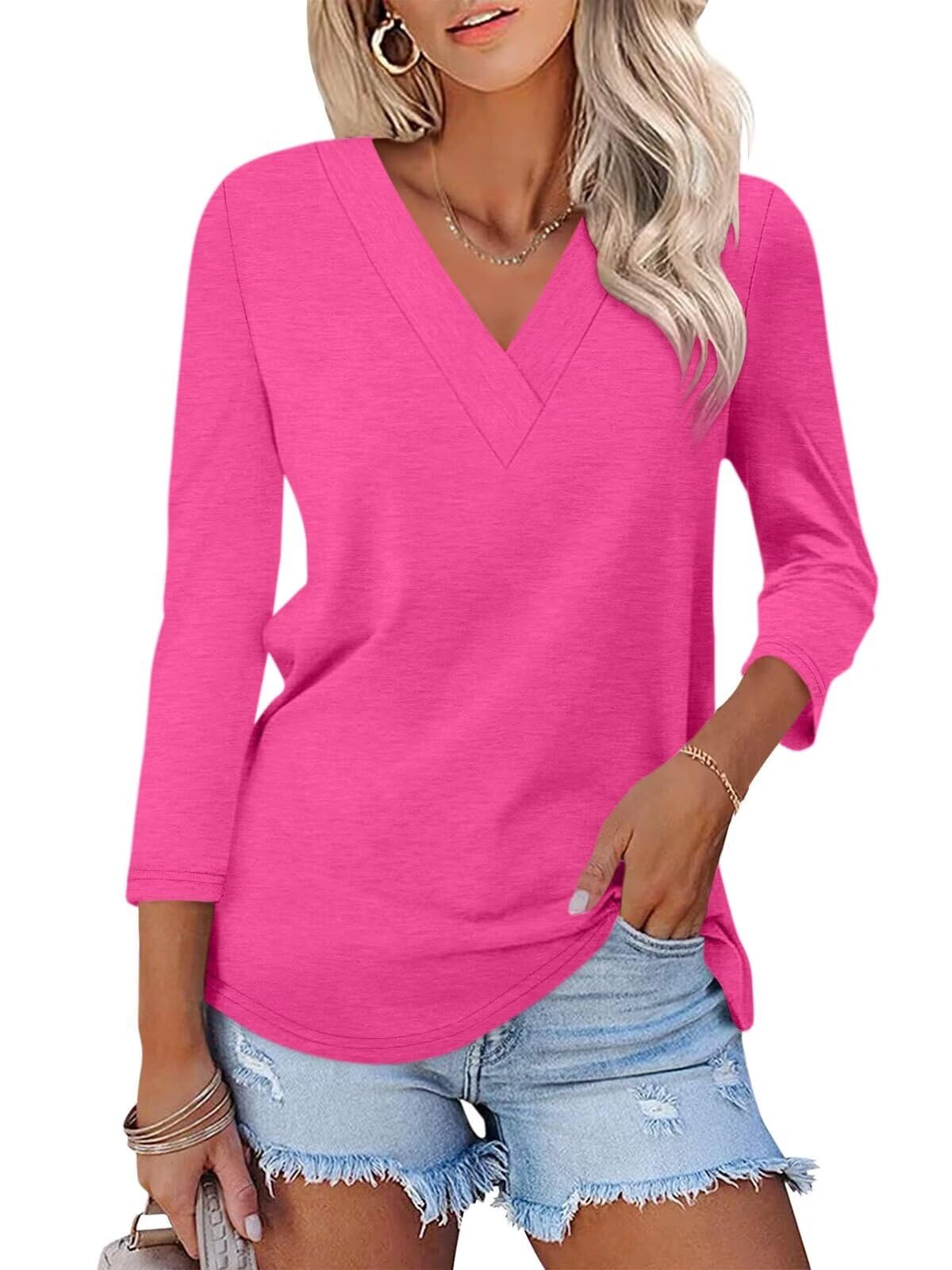 Women's 3/4 Length Sleeves V Neck Basic Tops - Image 15