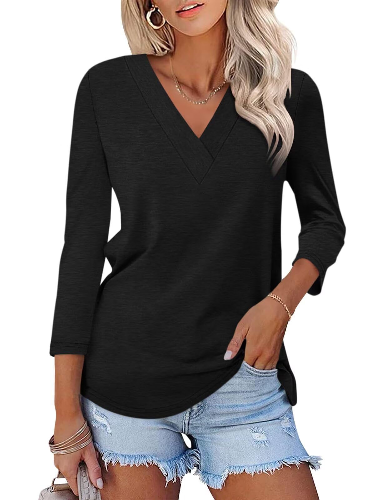 Women's 3/4 Length Sleeves V Neck Basic Tops - Image 7