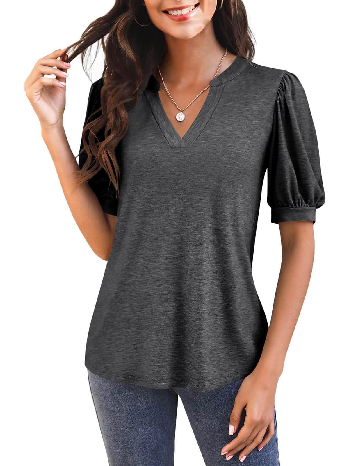 Women's V Neck Puff Sleeve Basic T-shirt - Image 17