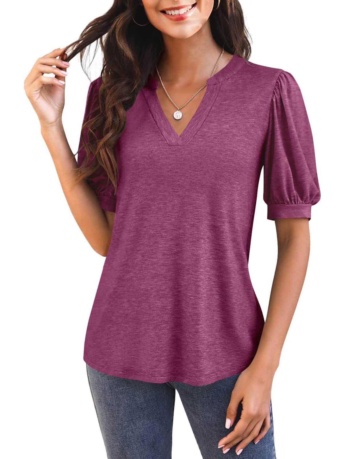 Women's V Neck Puff Sleeve Basic T-shirt - Image 4