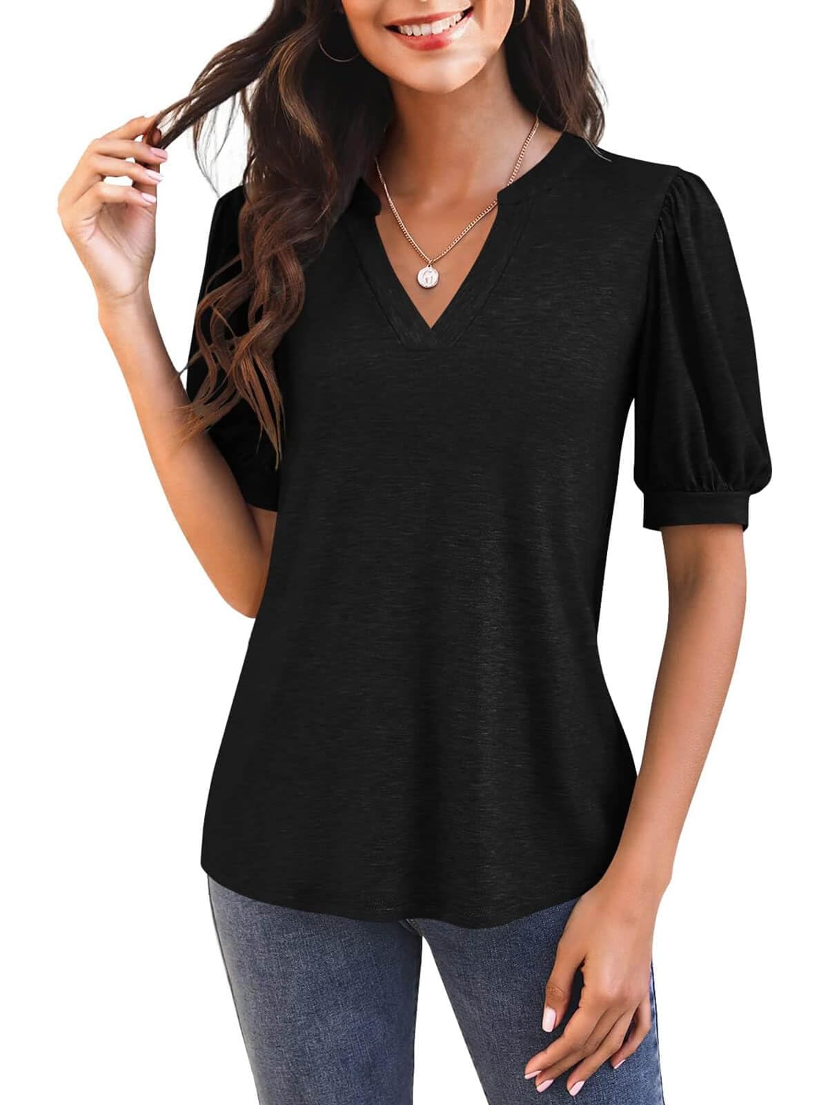 Women's V Neck Puff Sleeve Basic T-shirt - Image 14