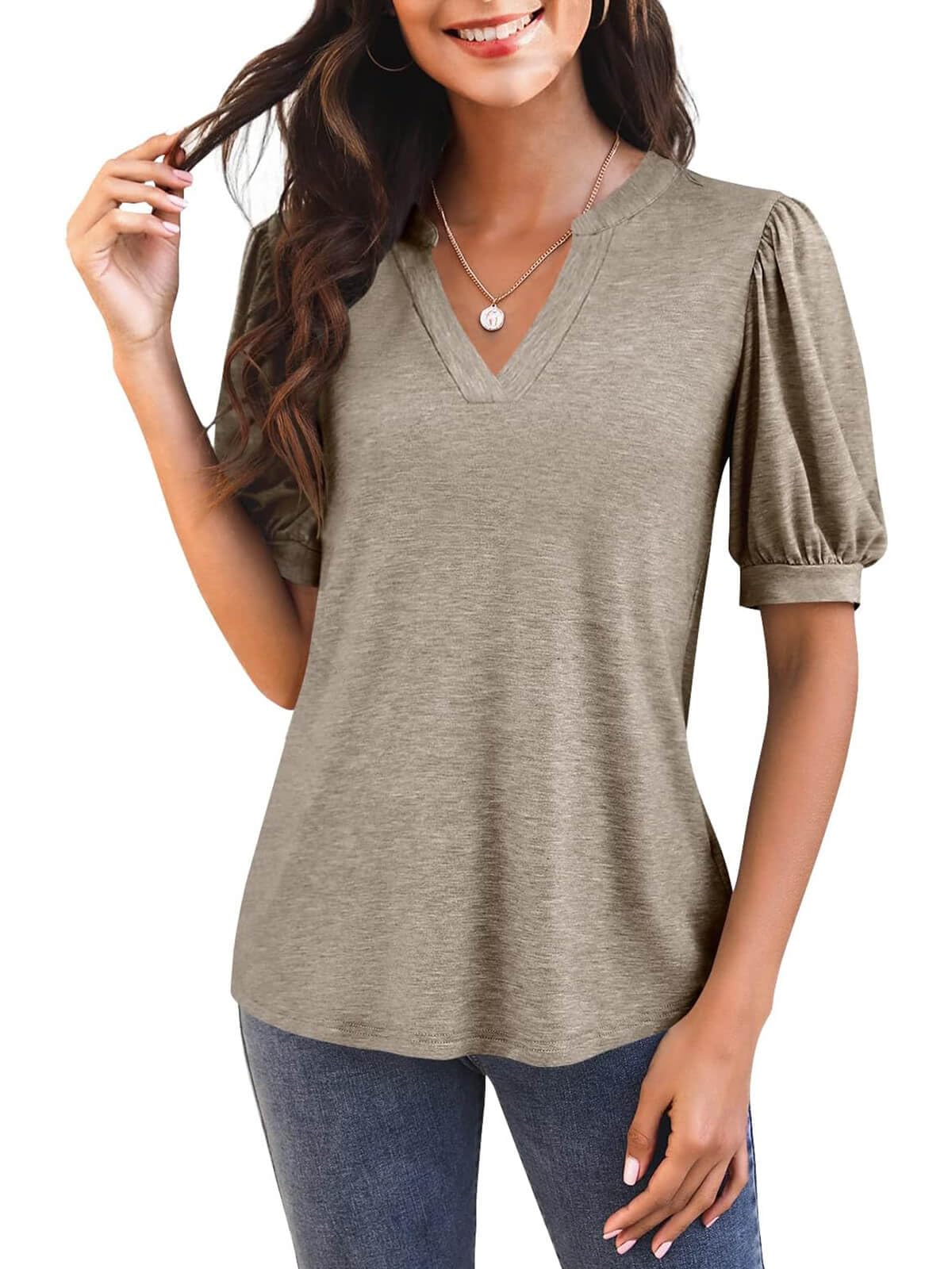 Women's V Neck Puff Sleeve Basic T-shirt - Image 9