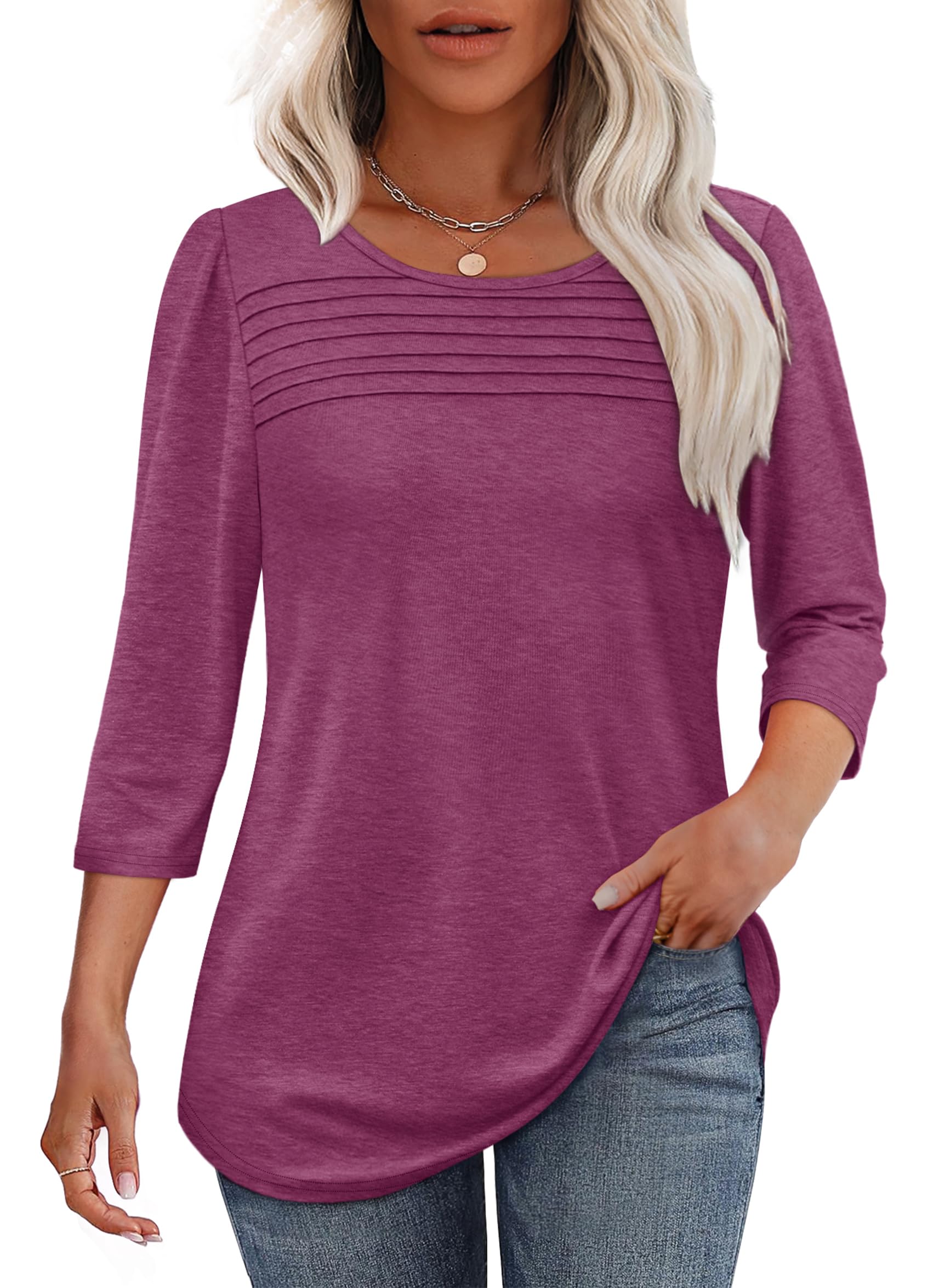 Women's 3/4 Length Sleeve Top Pleated Front T-Shirt - Image 11