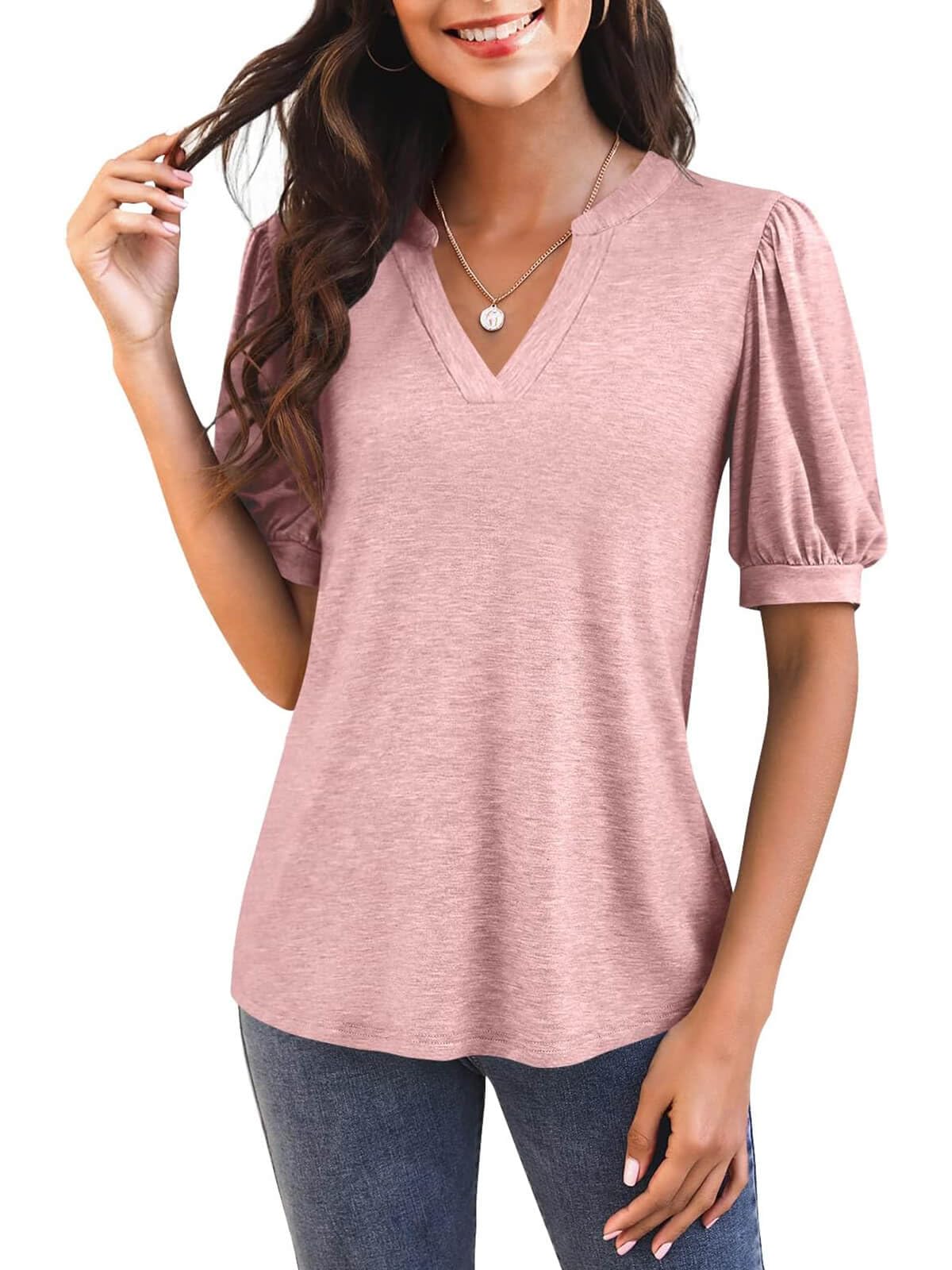 Women's V Neck Puff Sleeve Basic T-shirt - Image 11
