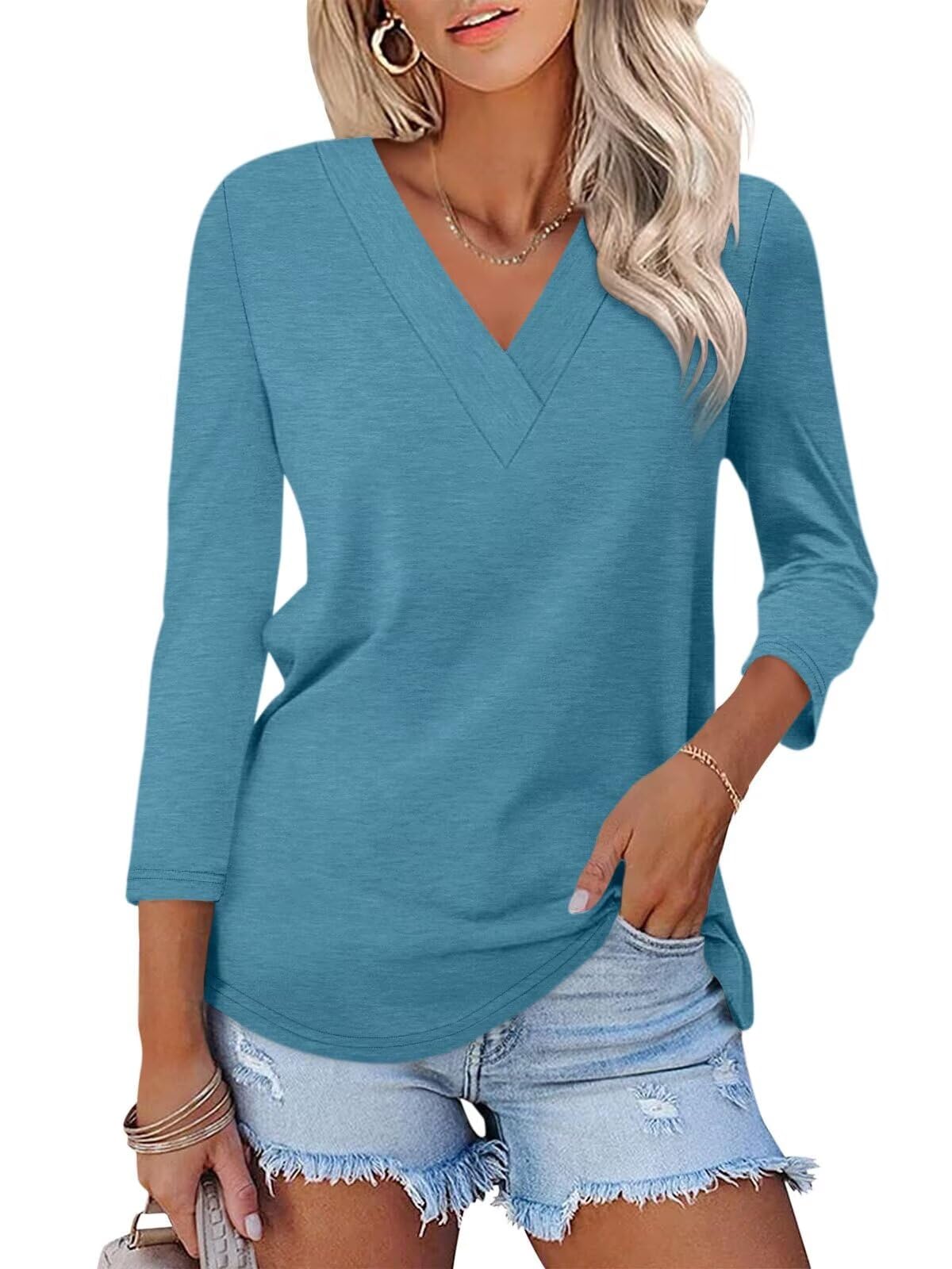 Women's 3/4 Length Sleeves V Neck Basic Tops - Image 13