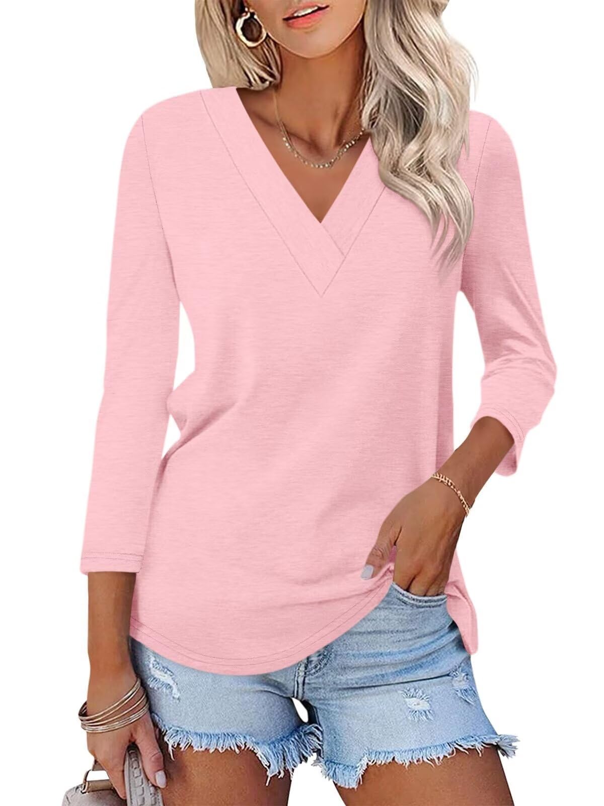 Women's 3/4 Length Sleeves V Neck Basic Tops - Image 11