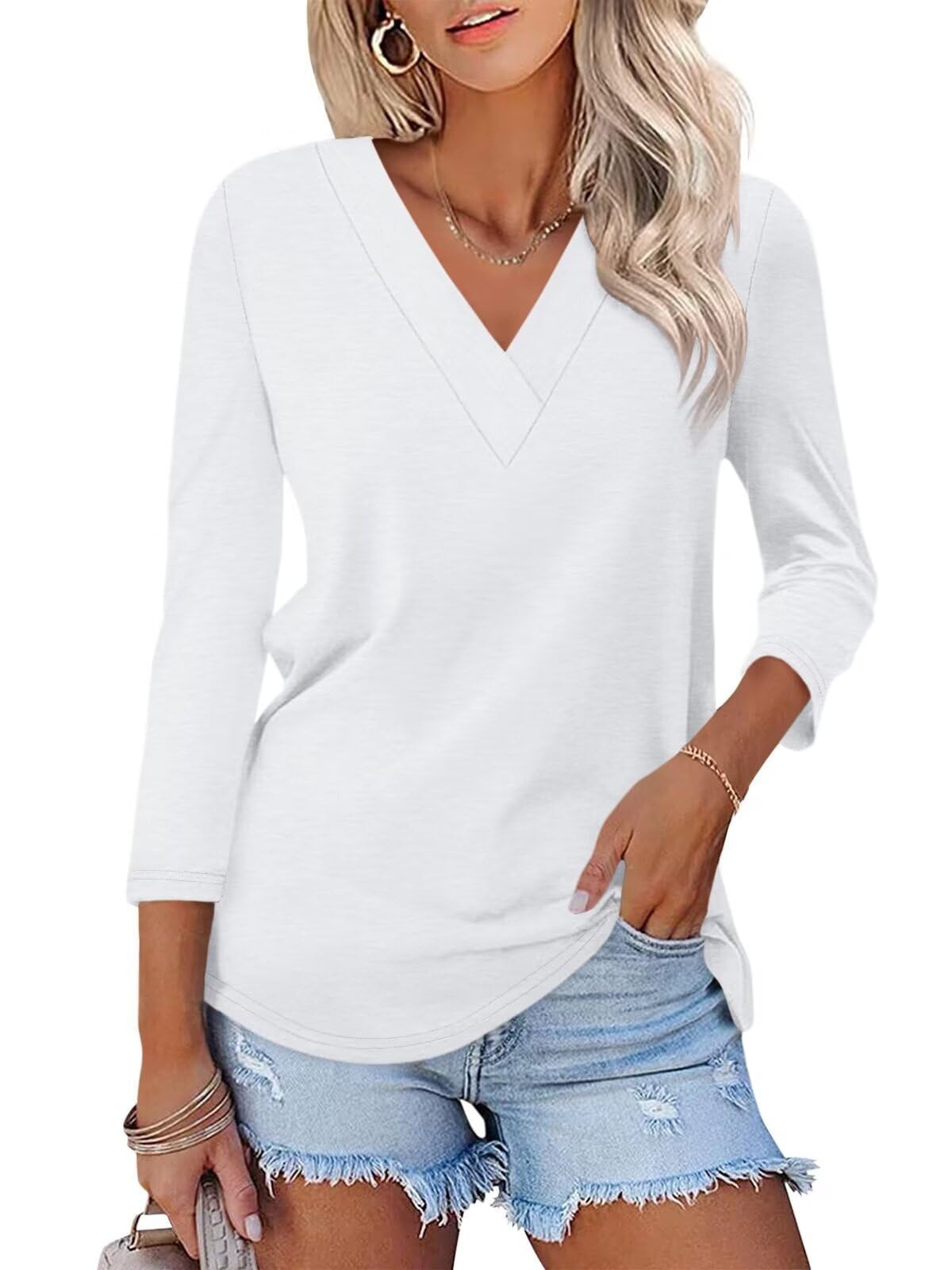 Women's 3/4 Length Sleeves V Neck Basic Tops - Image 8