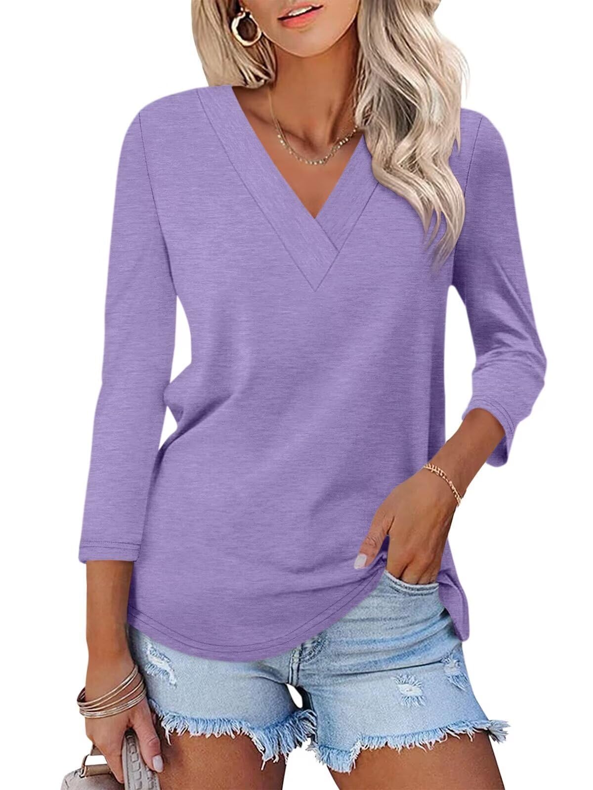 Women's 3/4 Length Sleeves V Neck Basic Tops - Image 6