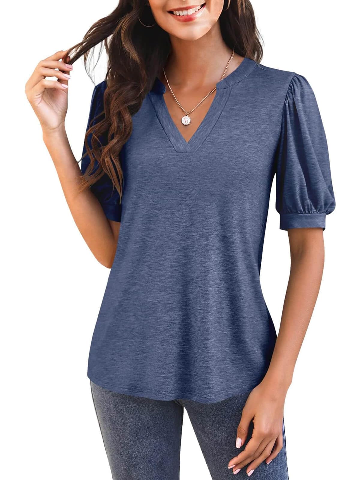 Women's V Neck Puff Sleeve Basic T-shirt - Image 10