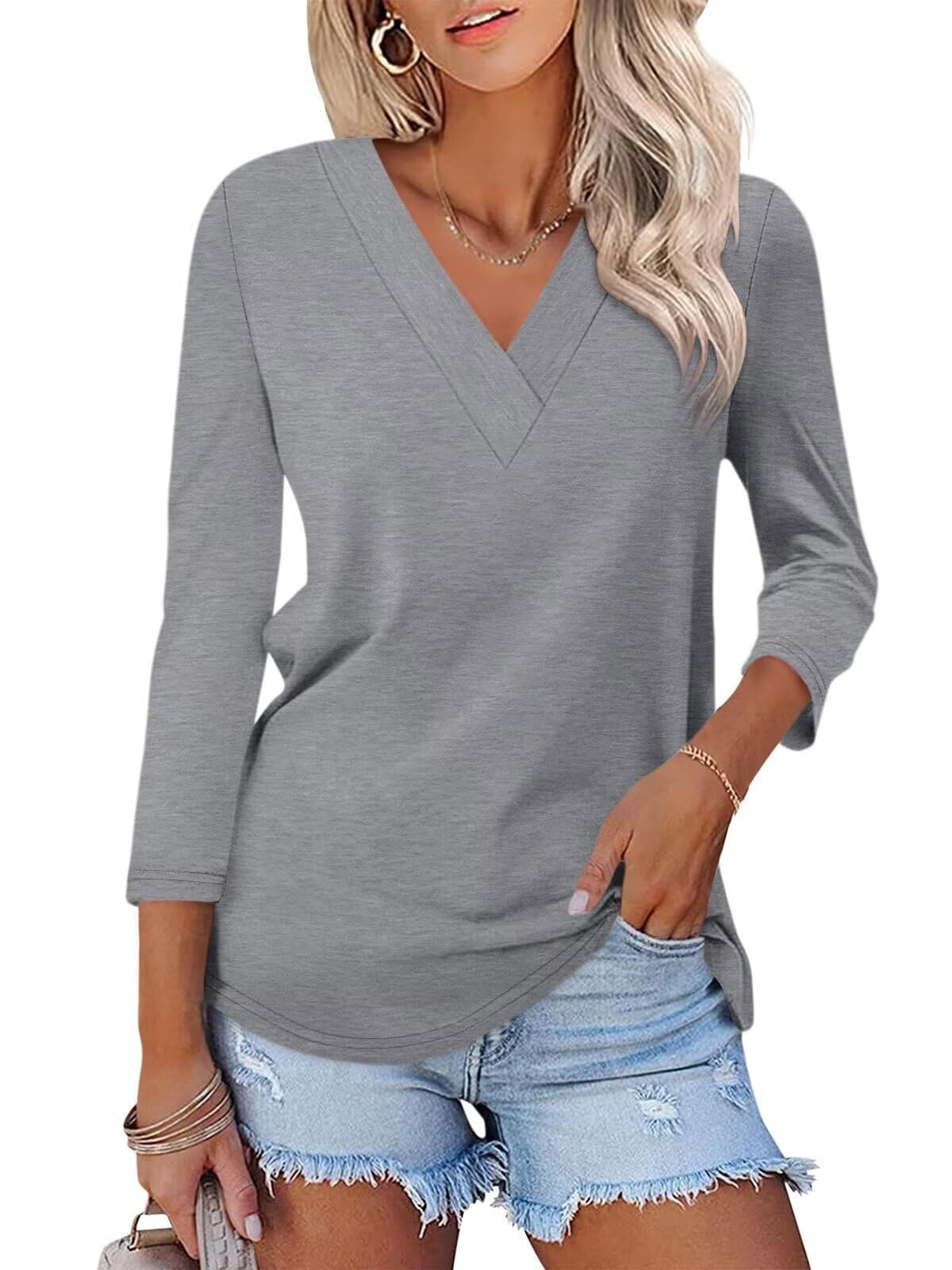 Women's 3/4 Length Sleeves V Neck Basic Tops - Image 9
