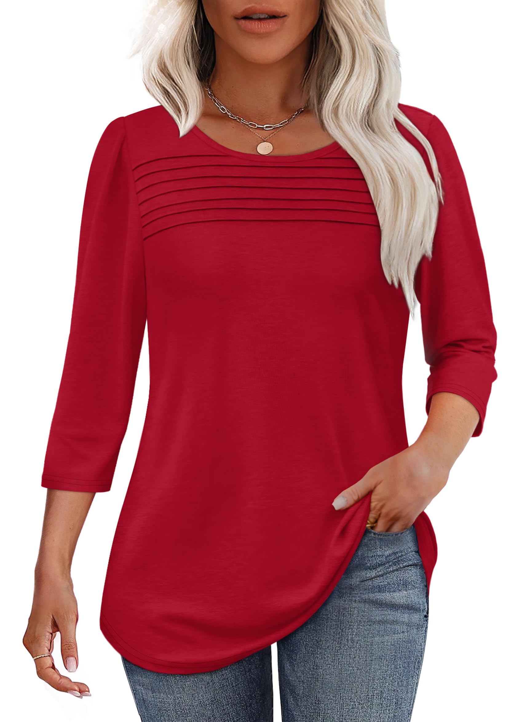Women's 3/4 Length Sleeve Top Pleated Front T-Shirt - Image 19