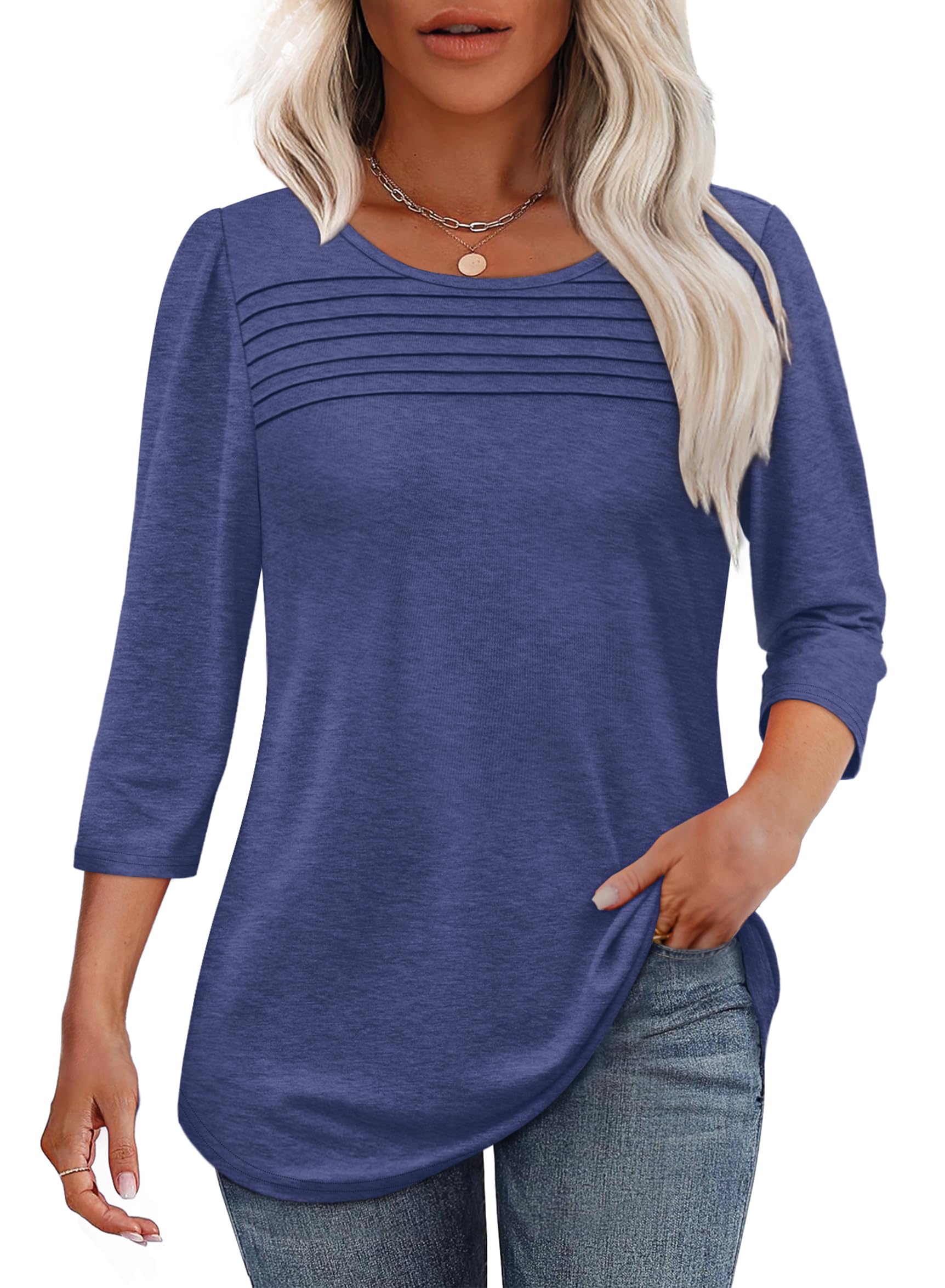Women's 3/4 Length Sleeve Top Pleated Front T-Shirt - Image 15