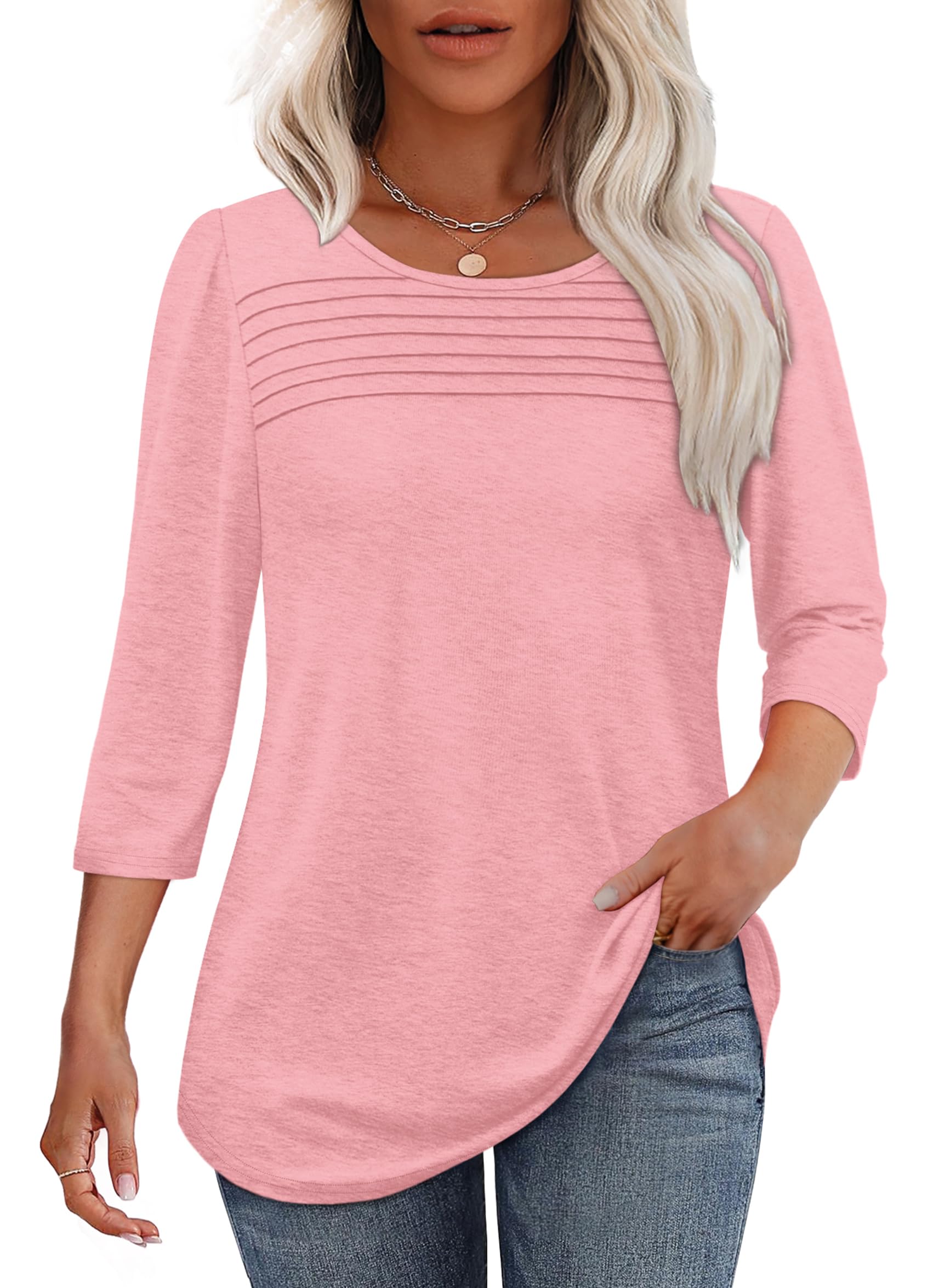 Women's 3/4 Length Sleeve Top Pleated Front T-Shirt - Image 14