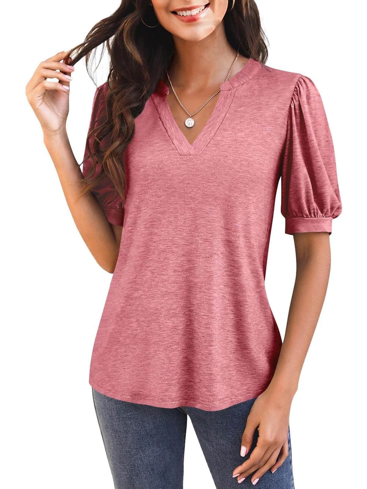 Women's V Neck Puff Sleeve Basic T-shirt - Image 6