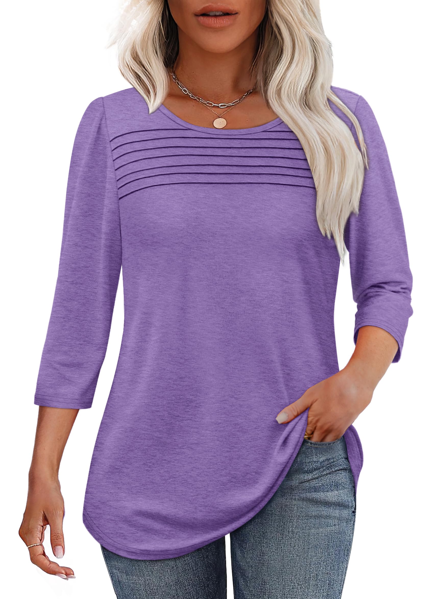 Women's 3/4 Length Sleeve Top Pleated Front T-Shirt - Image 12