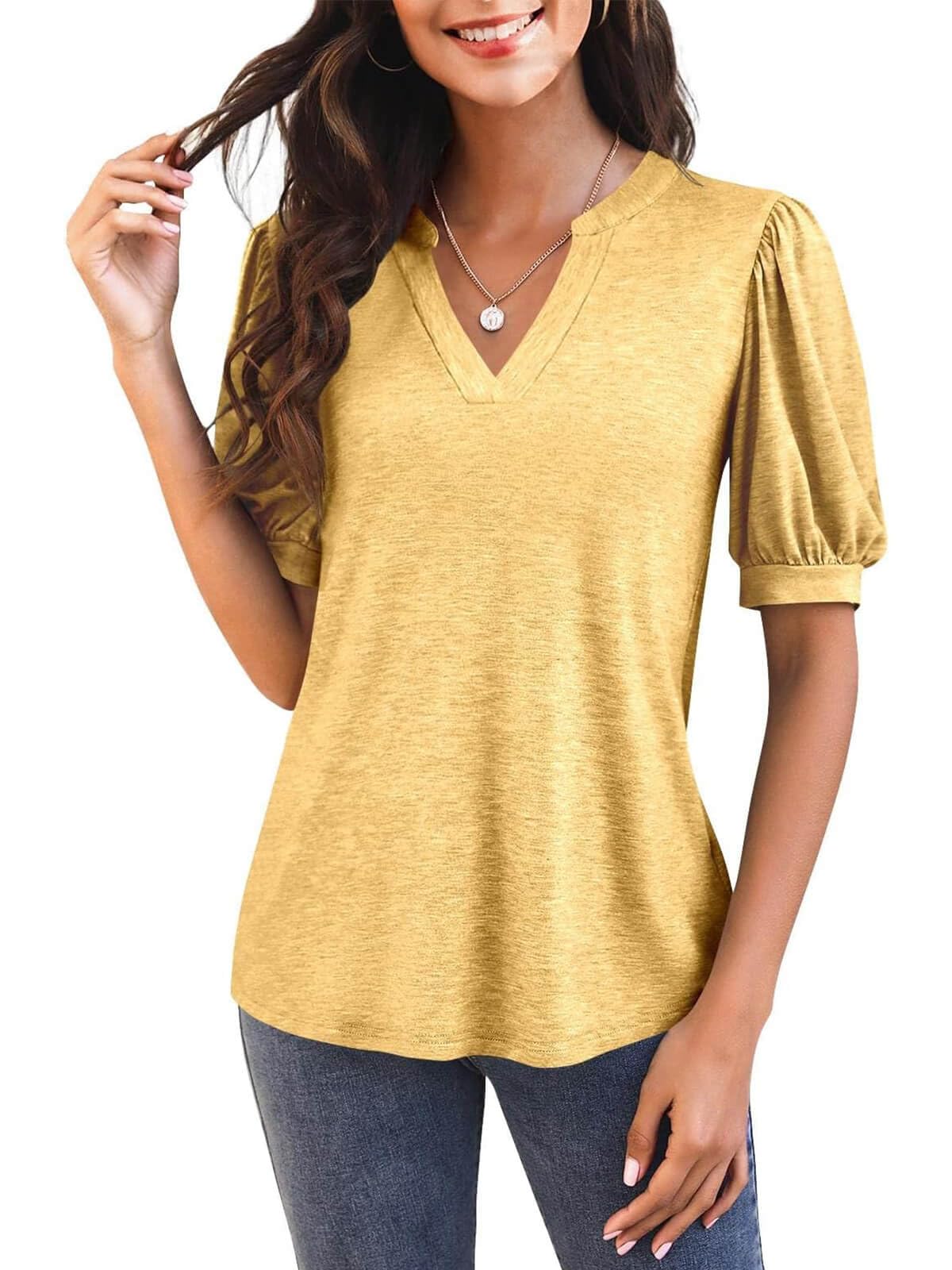 Women's V Neck Puff Sleeve Basic T-shirt - Image 8