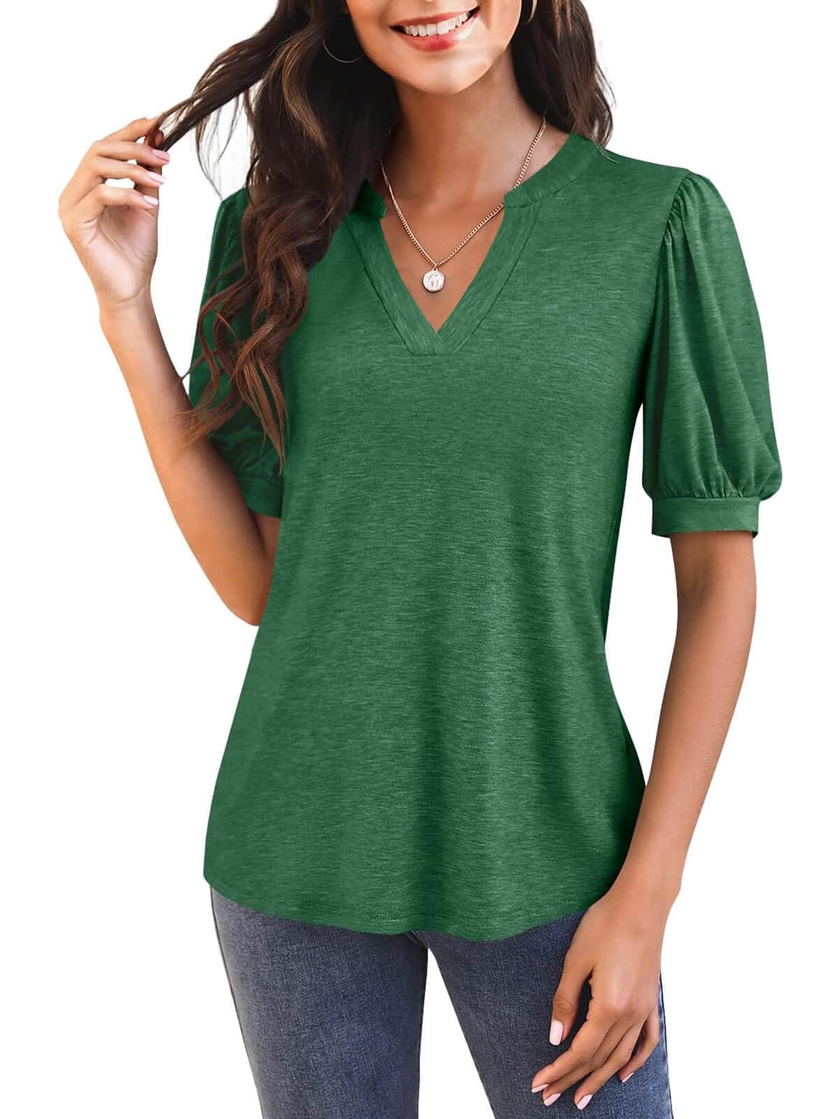 Women's V Neck Puff Sleeve Basic T-shirt - Image 12
