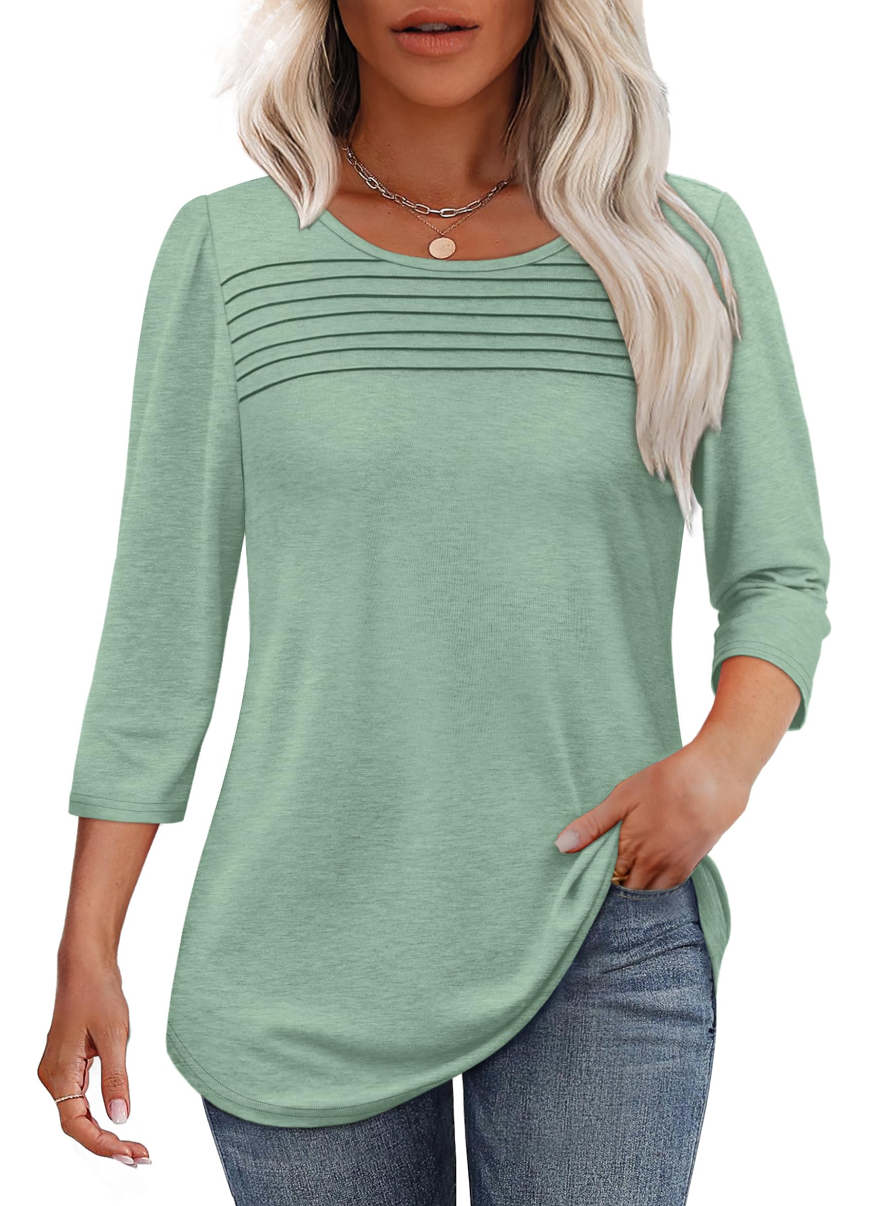 Women's 3/4 Length Sleeve Top Pleated Front T-Shirt - Image 13