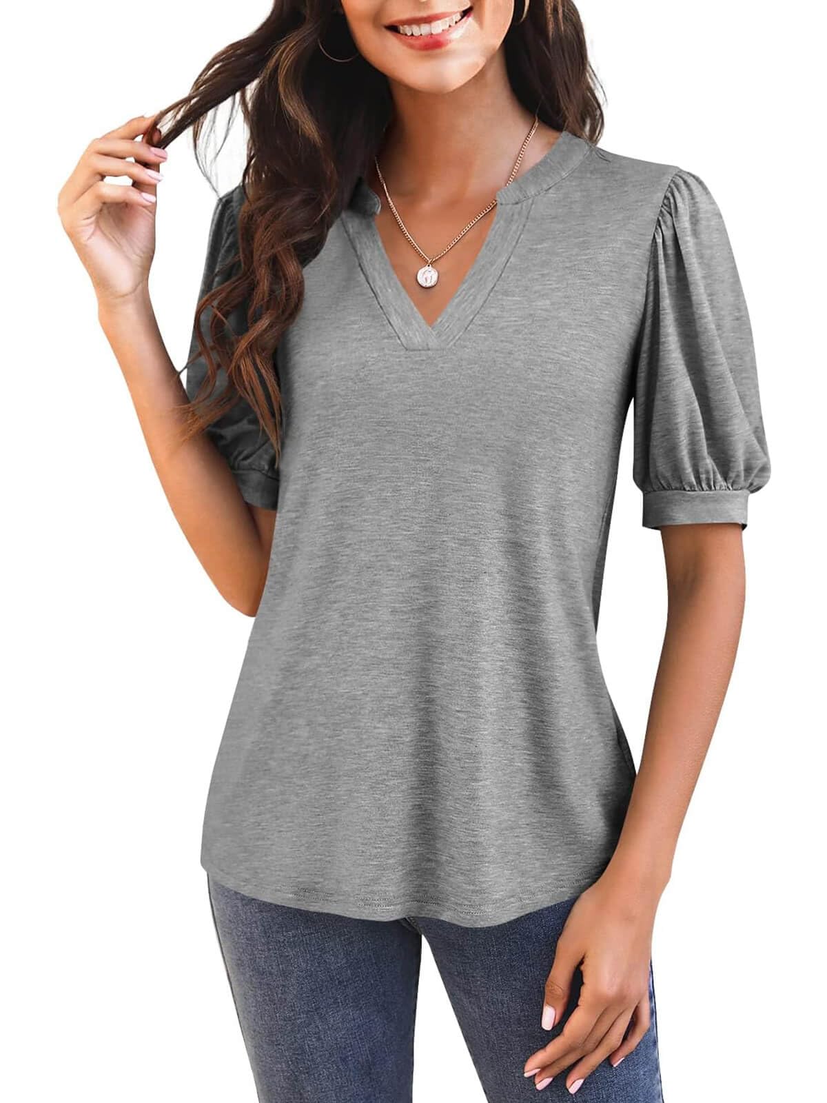 Women's V Neck Puff Sleeve Basic T-shirt - Image 16