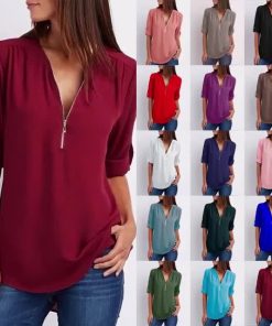 Plus Size Loose 3/4 Sleeve Zipper Blouse