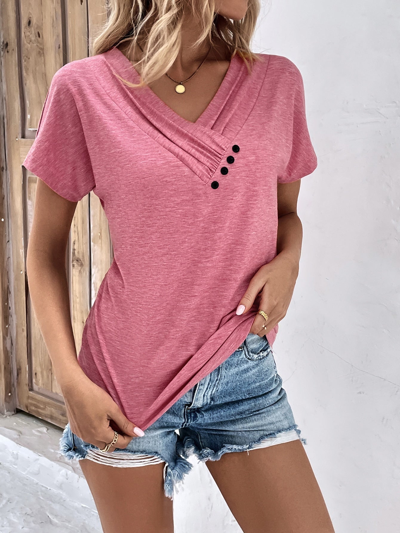 Button Detail V Neck Tee - Image 10