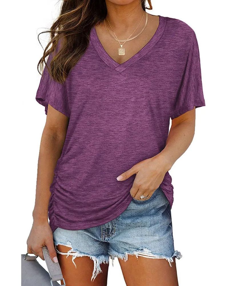 Women's Loose Fit Short Sleeve V Neck Shirts with Side Shirring - Image 12
