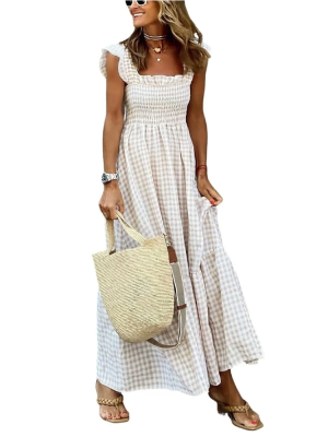 Women's Retro Plaid Smocked Flounce Long Dress (Buy 2 Free Shipping)