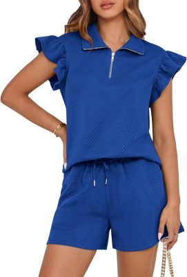 Wome's Casual Zipper V Neck Ruffle Shorts Sets (Buy 2 Free Shipping)