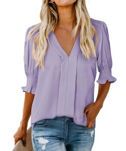 Women's Solid Casual V Neck Puff Sleeve Shirts (Buy 2 Free Shipping)