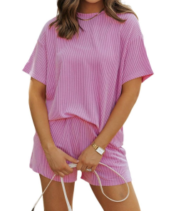 Women's Crew Neck Ribbed Textured Shorts Set (Buy 2 Free Shipping)