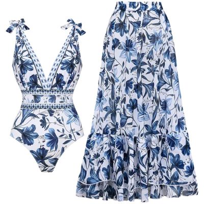 Women's Adjustable Shoulder Floral Print One Piece Swimsuit with Skirt/Sarong (Buy 2 Free Shipping)