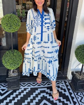 Women's Button V Neck Geometric Print Dress (Buy 2 Free Shipping)