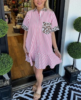Women's Striped Animal Print Contrast Button Down Dress (Buy 2 Free Shipping)