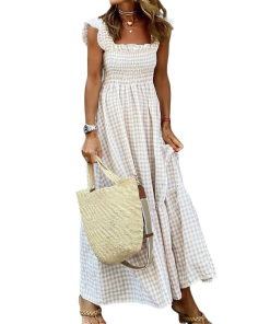 Women's Retro Plaid Smocked Flounce Long Dress (Buy 2 Free Shipping)