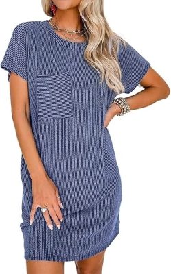 New In - Ribbed Round Neck Pocket Dress (Buy 2 Free Shipping)
