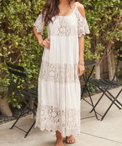 Lace Floral Stitching Off The Shoulder Maxi Dress