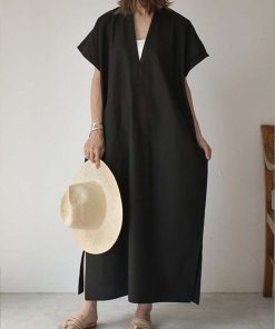 Simple Black&Beige Batwing Sleeve Split-Side Maxi Dress