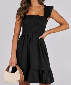 Women's Square Neck Smocked Ruffle Dress (Buy 2 Free Shipping)