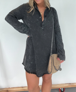 Long Sleeve Denim Washed Shirt Dress (Buy 2 Free Shipping)