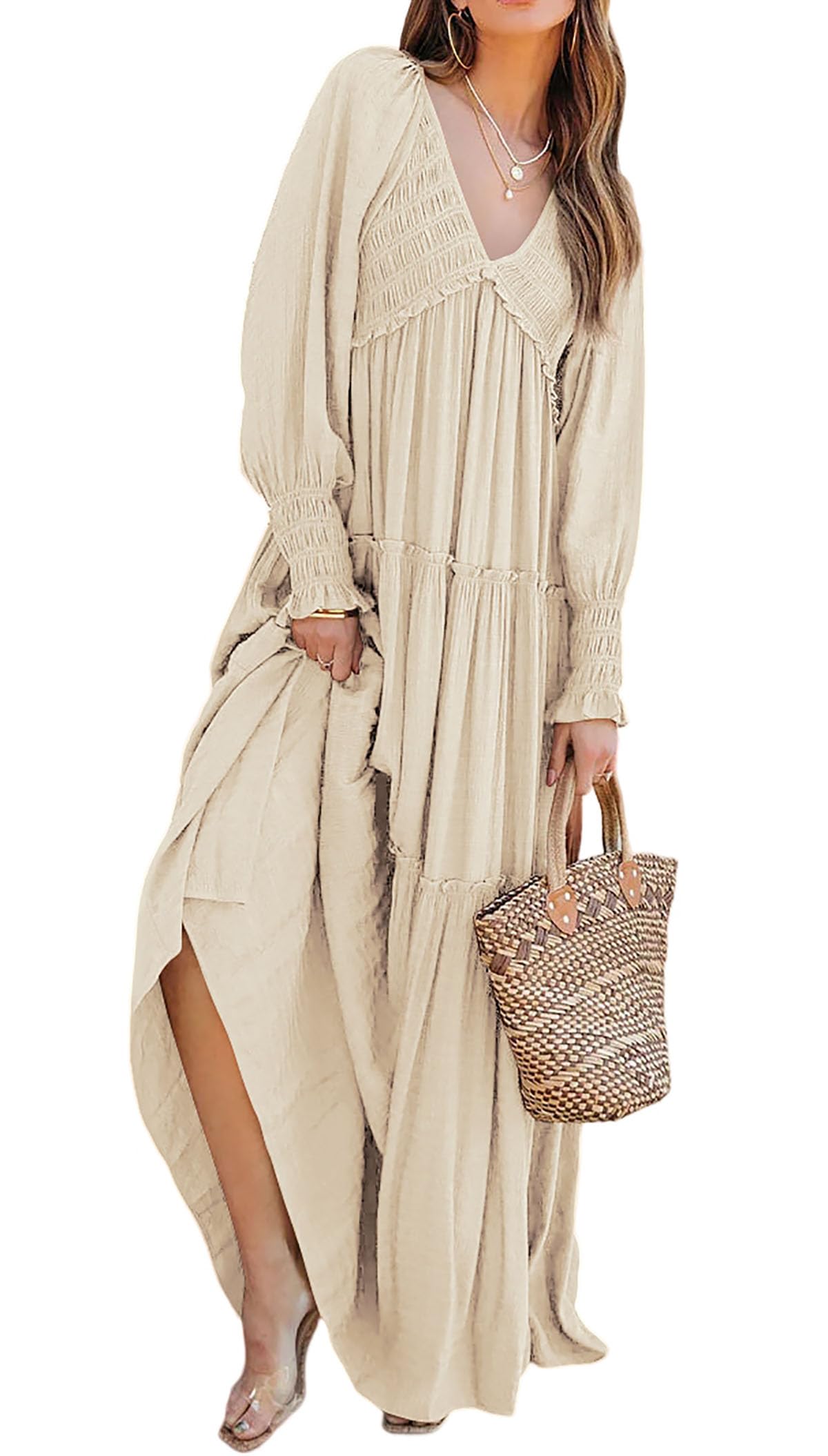 Women's Long Sleeve V Neck Boho Flowy Maxi Dresses - Image 7