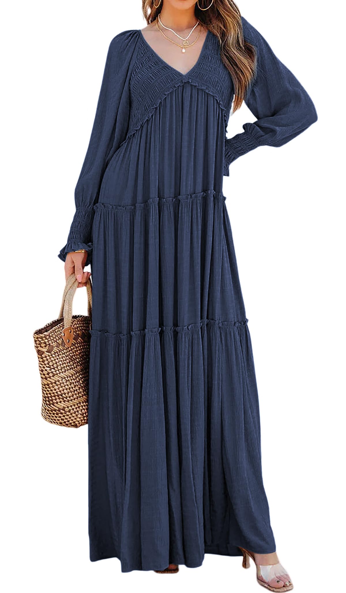 Women's Long Sleeve V Neck Boho Flowy Maxi Dresses - Image 10